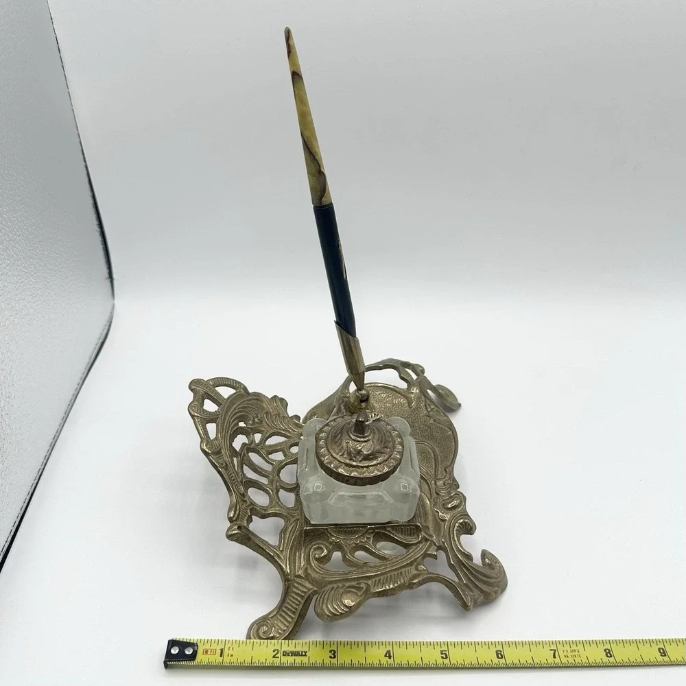 Vintage Heavy Brass Inkwell Pen Holder Art Nouveau Celluloid Fountain Pen Ink